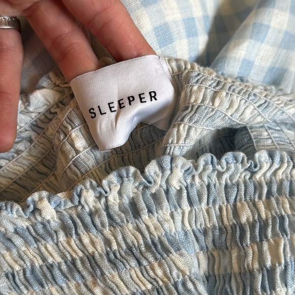 Sleeper- Atlanta Off-The-Shoulder Shirred Linen Midi Dress- Blue & White -Size:S - Picture 9 of 11